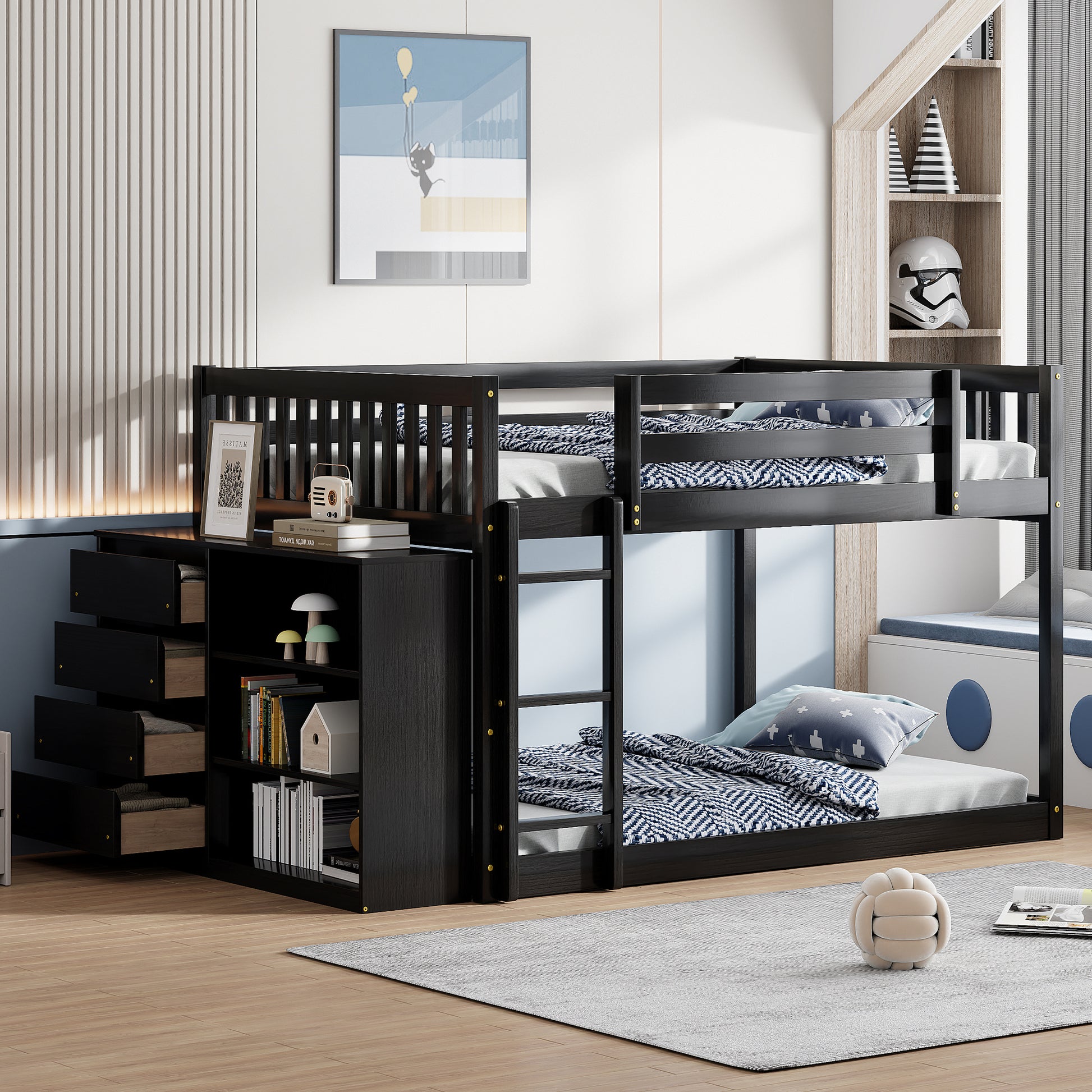 Rachel Full over Full Bunk Bed with 4 Drawers and 3 Shelves-Espresso