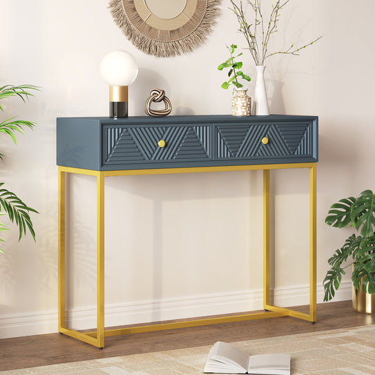 Jessalyn Modern 2-Drawer Console Table with Gold Legs, Gray