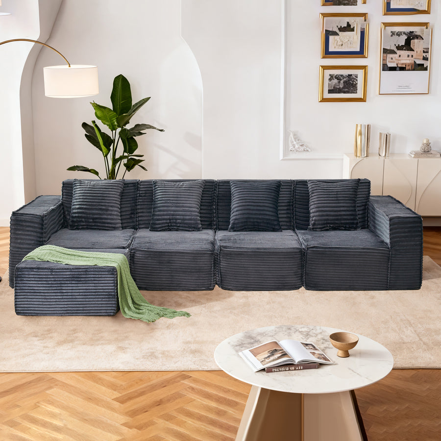 L-Shaped Modular Sectional Sofa, 4-Seater with Ottoman, Striped Corduroy Fabric, High-Density Foam For Home, Apartment, Office (Dark Gray) - primary color shot