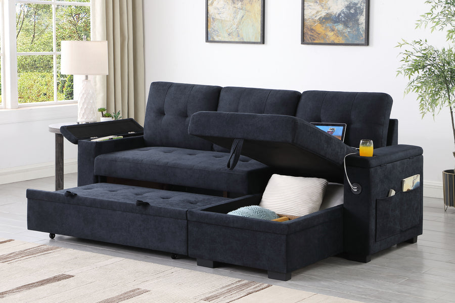 Ashlyn II 84'W Dark Gray Woven Fabric Reversible Sleeper Sectional Sofa with Storage Chaise, Storage Arm, Cup Holder, Charging Ports, Side Pockets - primary color shot