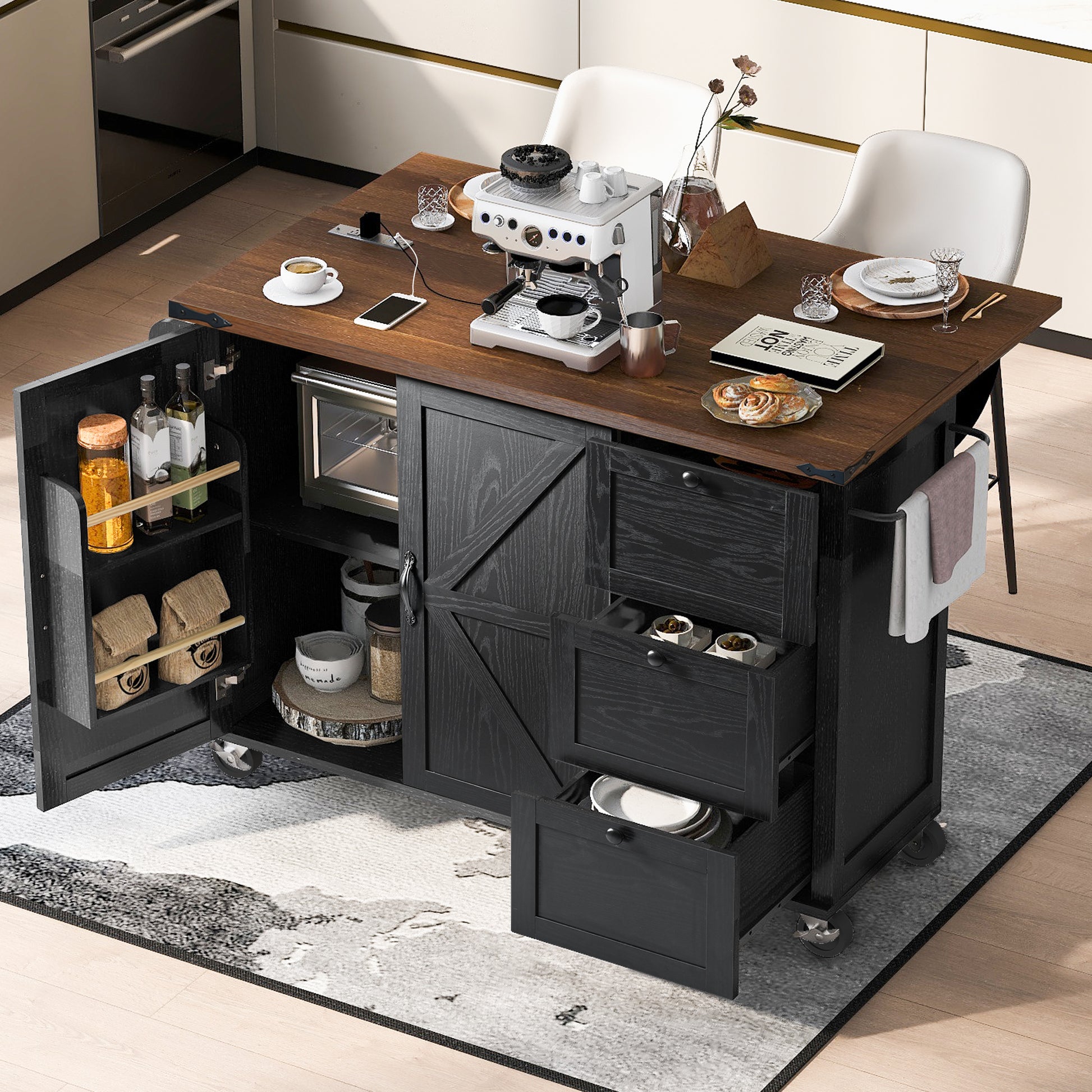 K&k 54.5' Farmhouse Kitchen Island with Power Outlet - Black - primary color shot