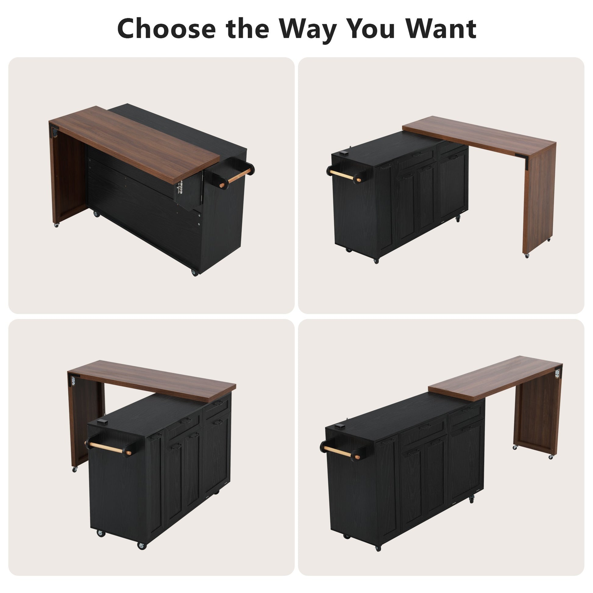 K&k 102.3' Kitchen Island with Extendable Dining Table - Black - detail view 6