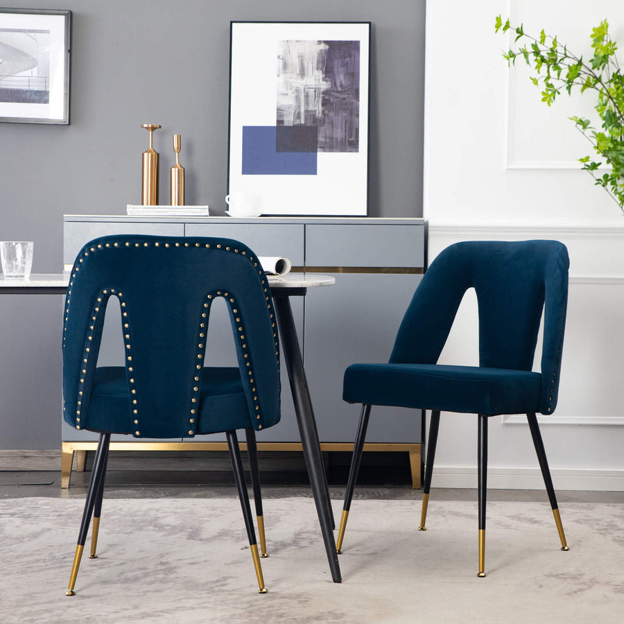 Blue Velvet Nailhead Trim Dining Chairs with Gold Legs (Set of 2)