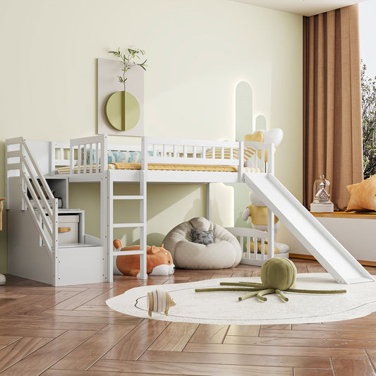 Stairway Twin Size Loft Bed with Two Drawers and Slide - White - primary color shot