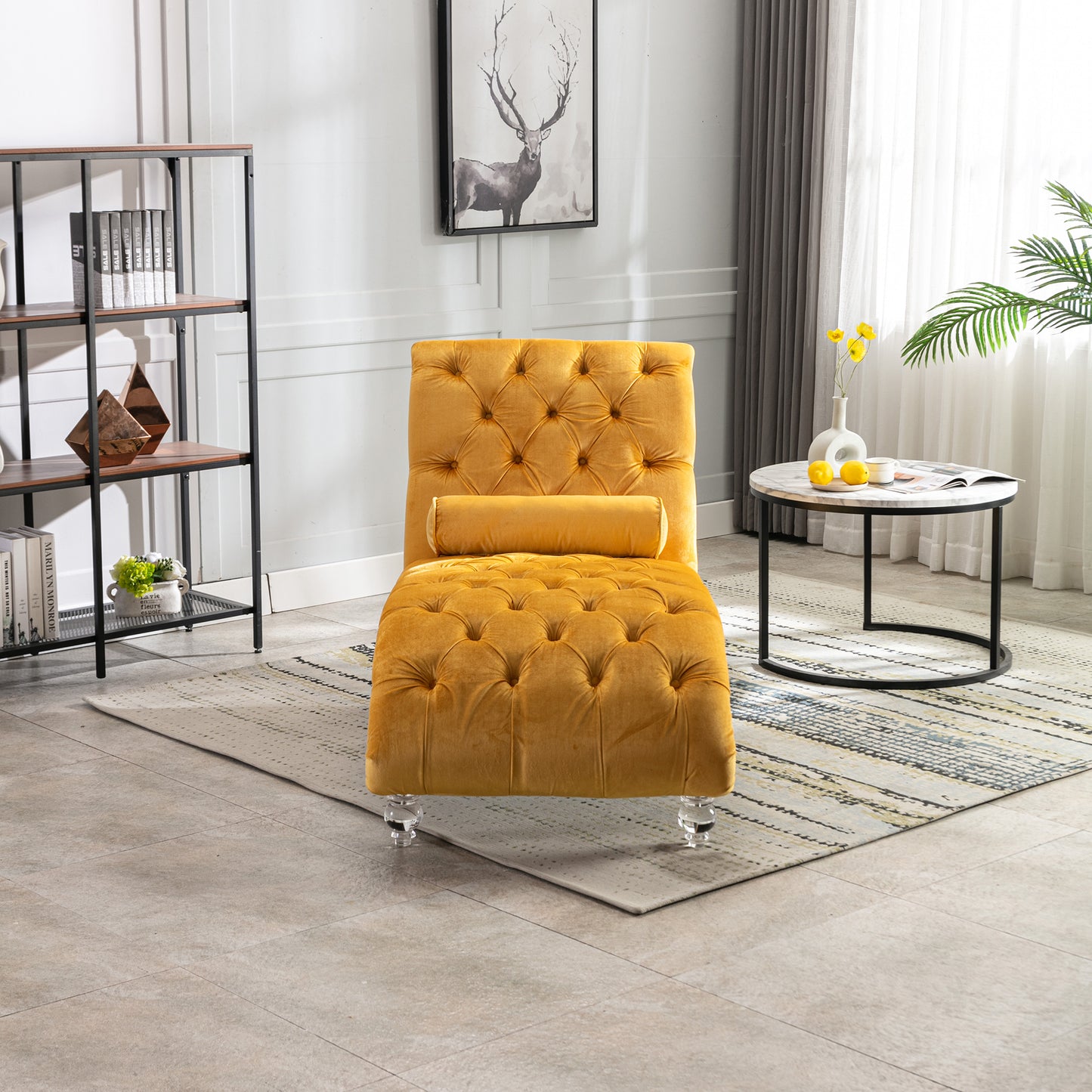 Mustard Velvet Tufted Chaise Lounge with Wood Legs - detail view 4