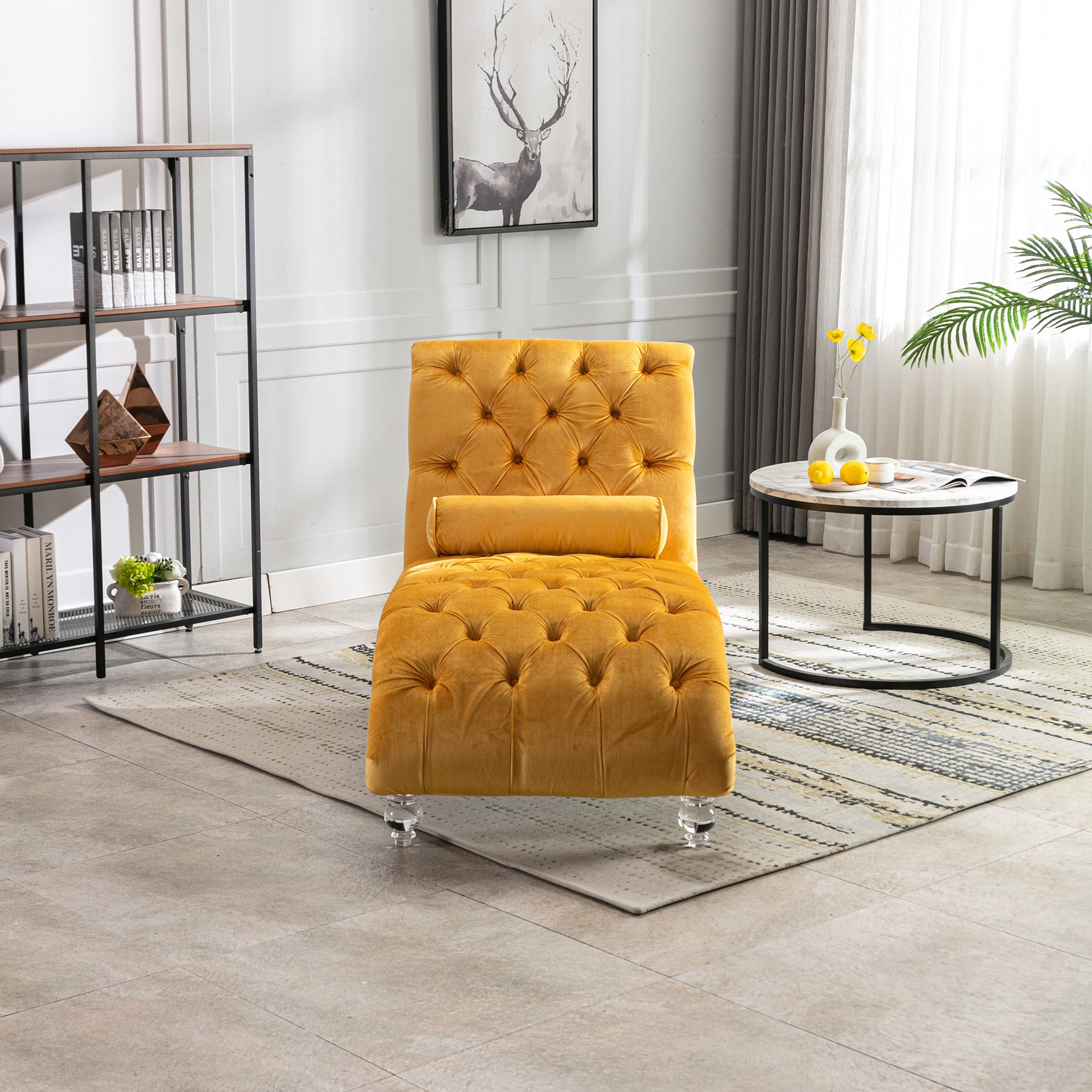 Mustard Velvet Tufted Chaise Lounge with Wood Legs - detail view 4