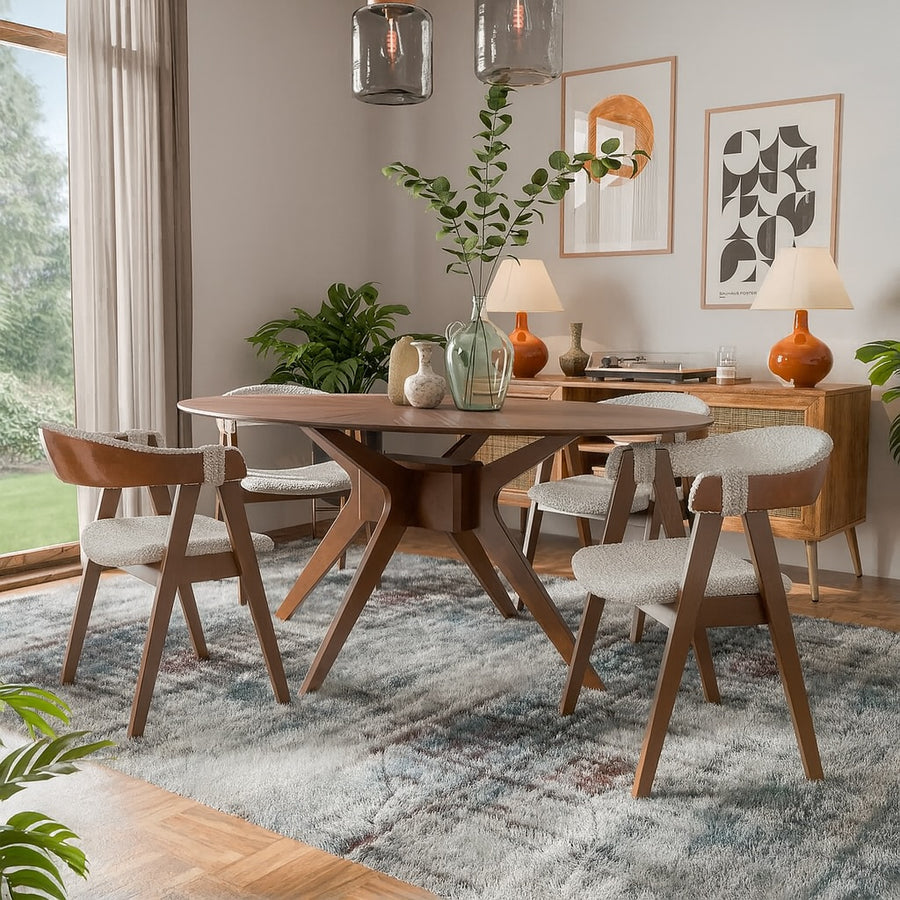 Ebikon Mid-Century Modern Dining Set in Walnut & Beige Boucle