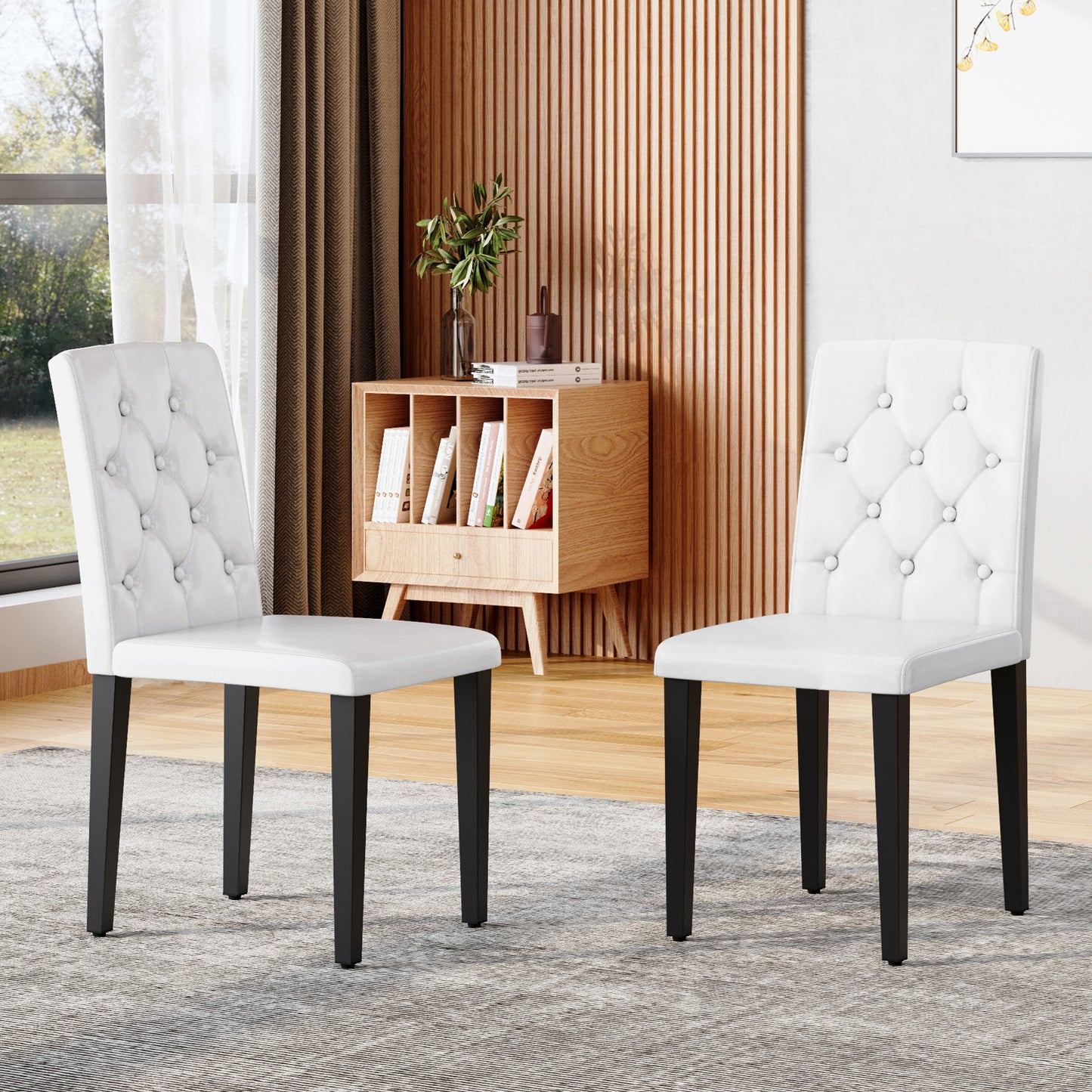 White Upholstered Fabric Dining Chairs with Black Legs (set of 2) - primary color shot