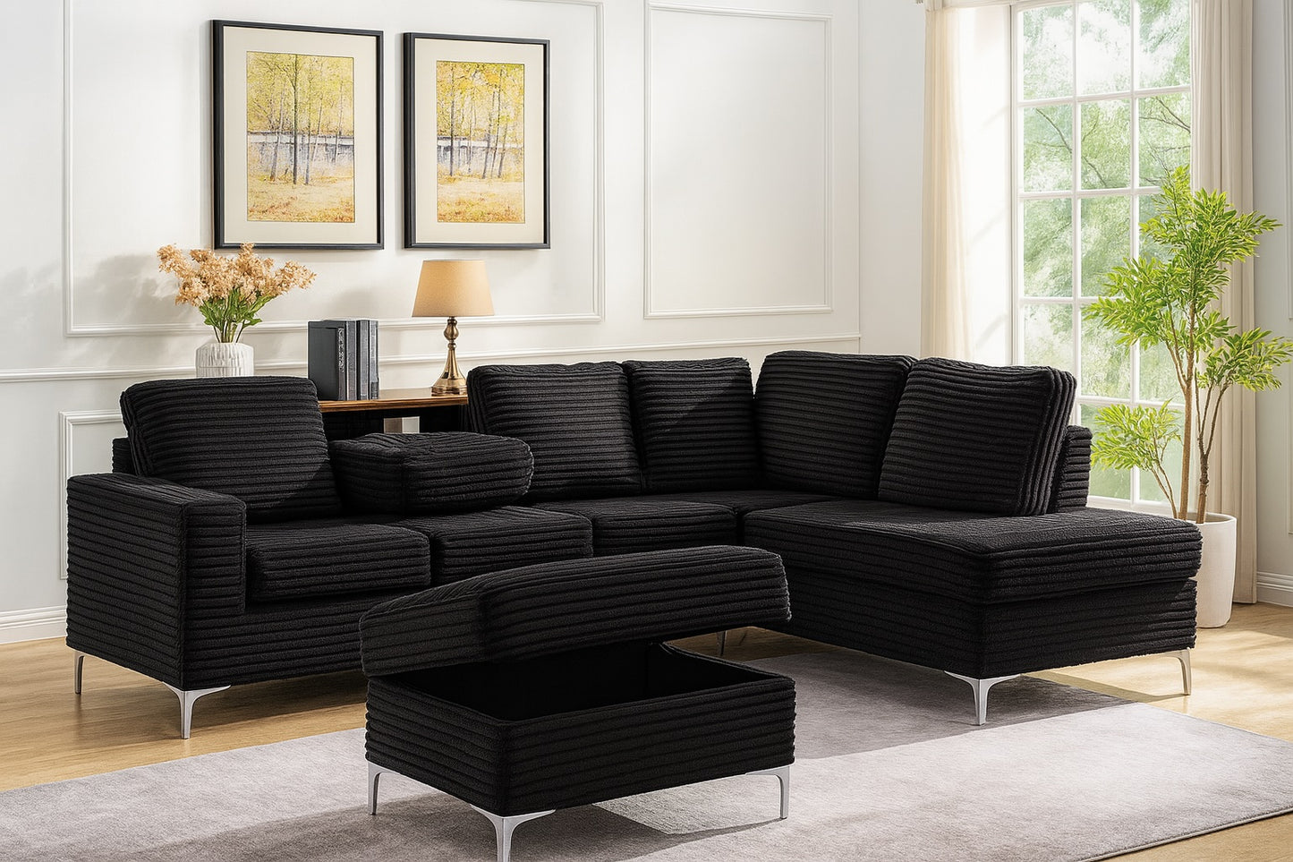 Dalton  Black Corduroy Sectional Sofa with Ottoman & Drop-Down Table