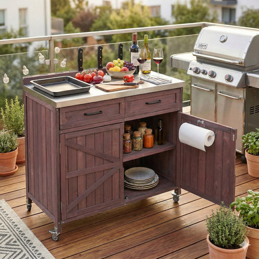 K&k 39.4' Outdoor Kitchen Island with Stainless Table Top - Brown - primary color shot