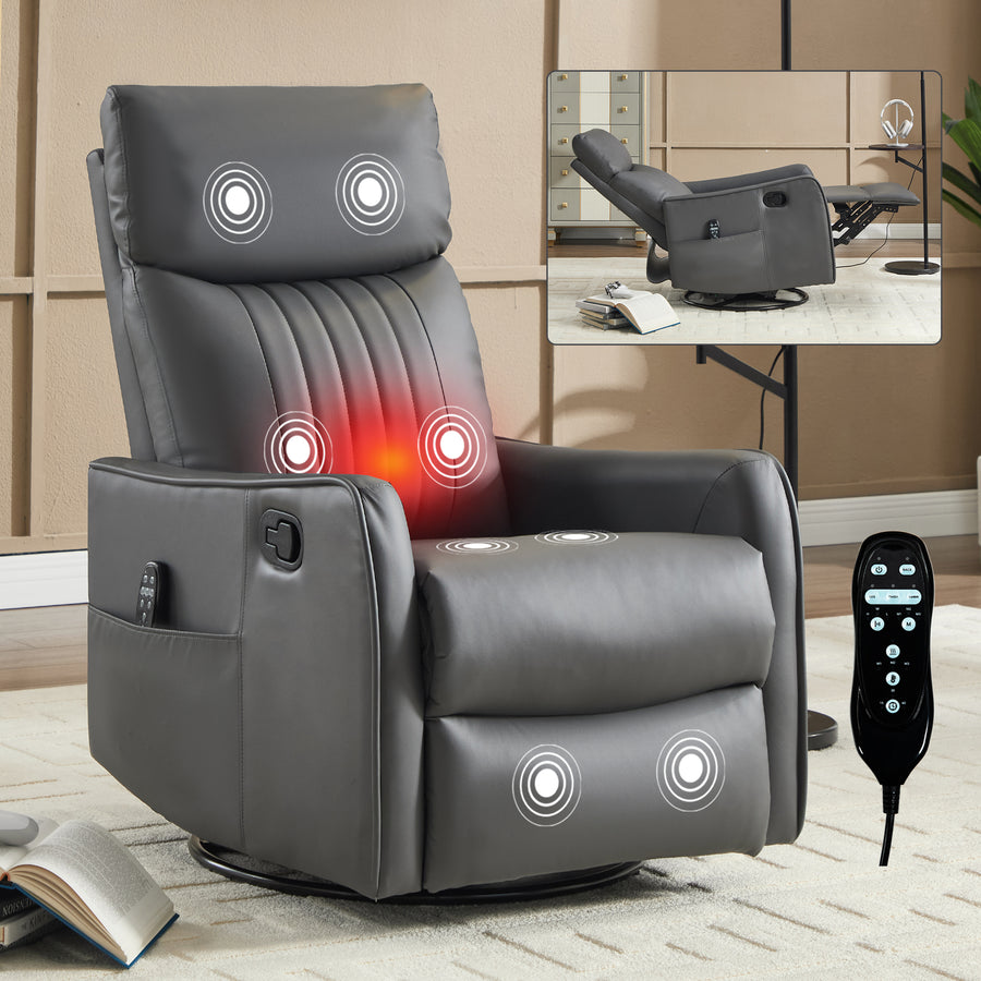 Grey Faux Leather Heat Massage Manual Recliner Chair with Rocker and Swivel - Grayish Green - primary color shot