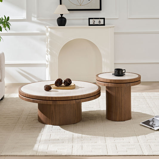 Set of 19.49''+35.43'' MDF Round Coffee Table Sintered Stone Tabletop - Walnut - primary color shot