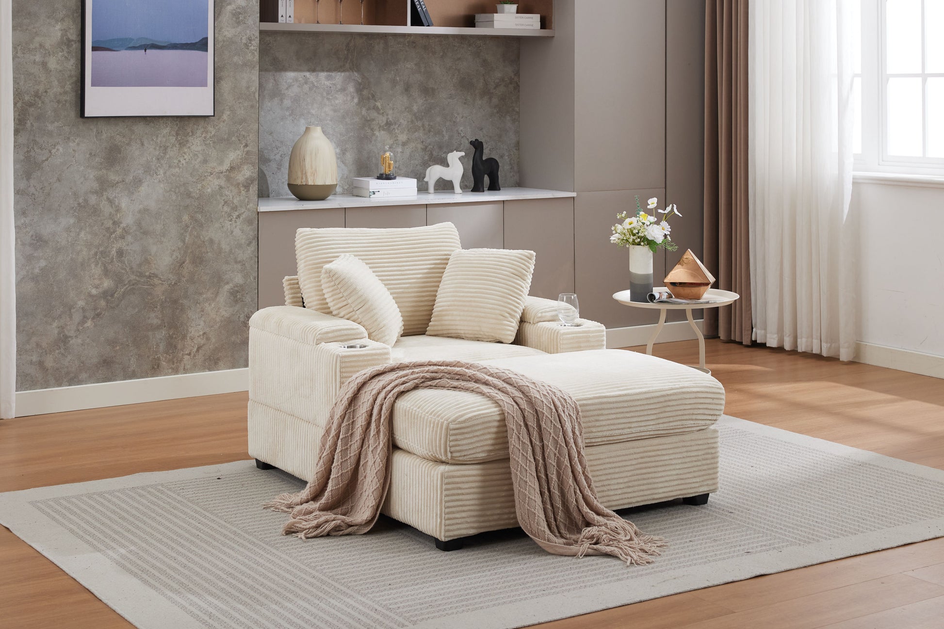 [video/new]corduroy Upholstered Chaise Lounge Sofa with Handrail Storage - Beige - primary color shot