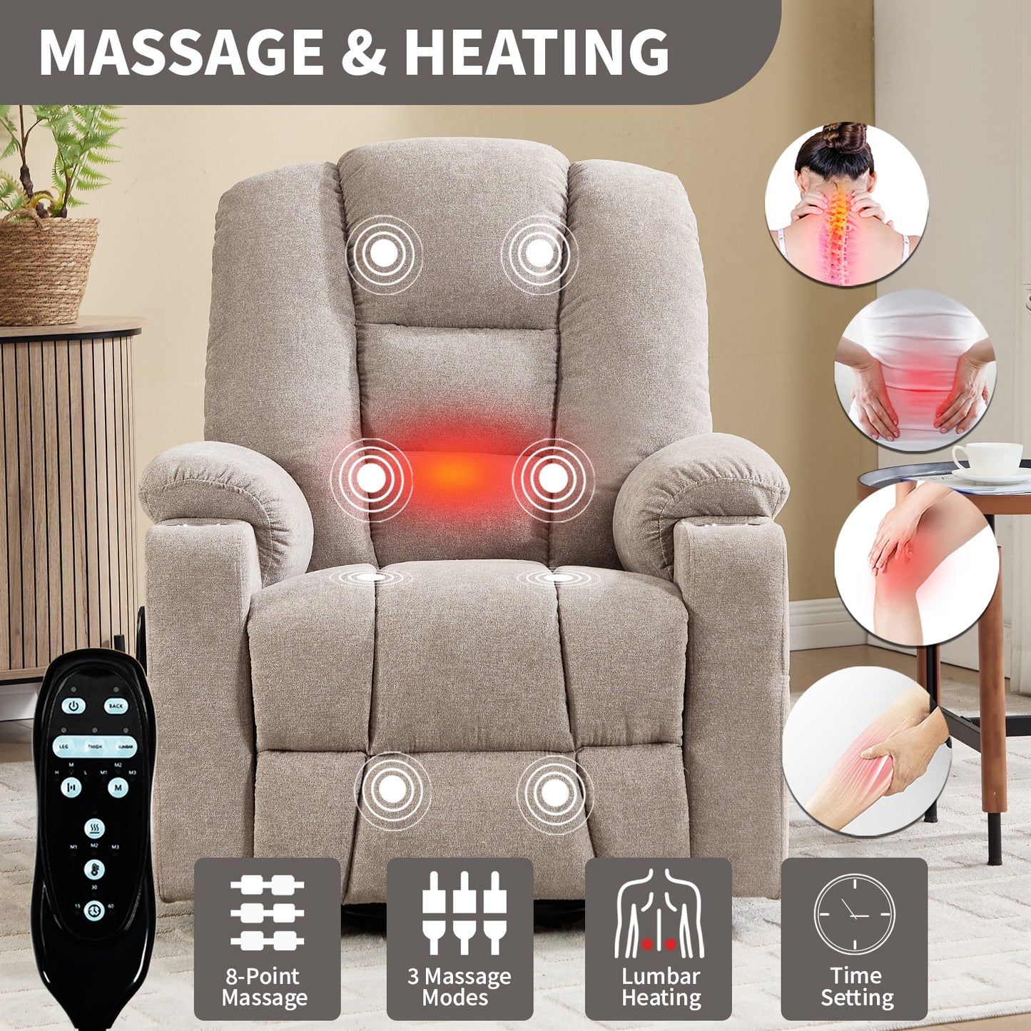 Power Lift Recliner Chair with Massage and Heat for Elderly - Khaki - detail view 7