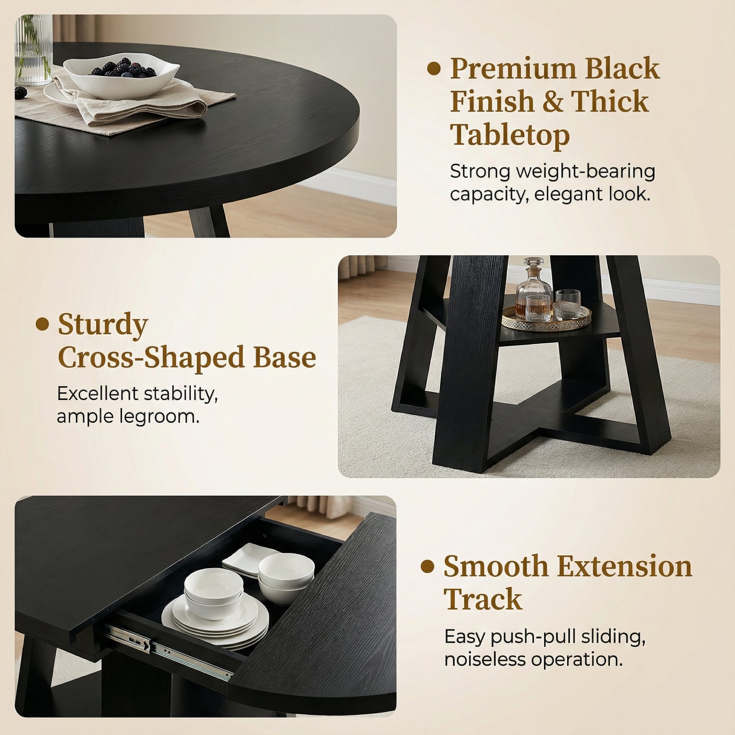 43" -59" Extendable Round Dining Table for 4-8 - Black - detail view 8
