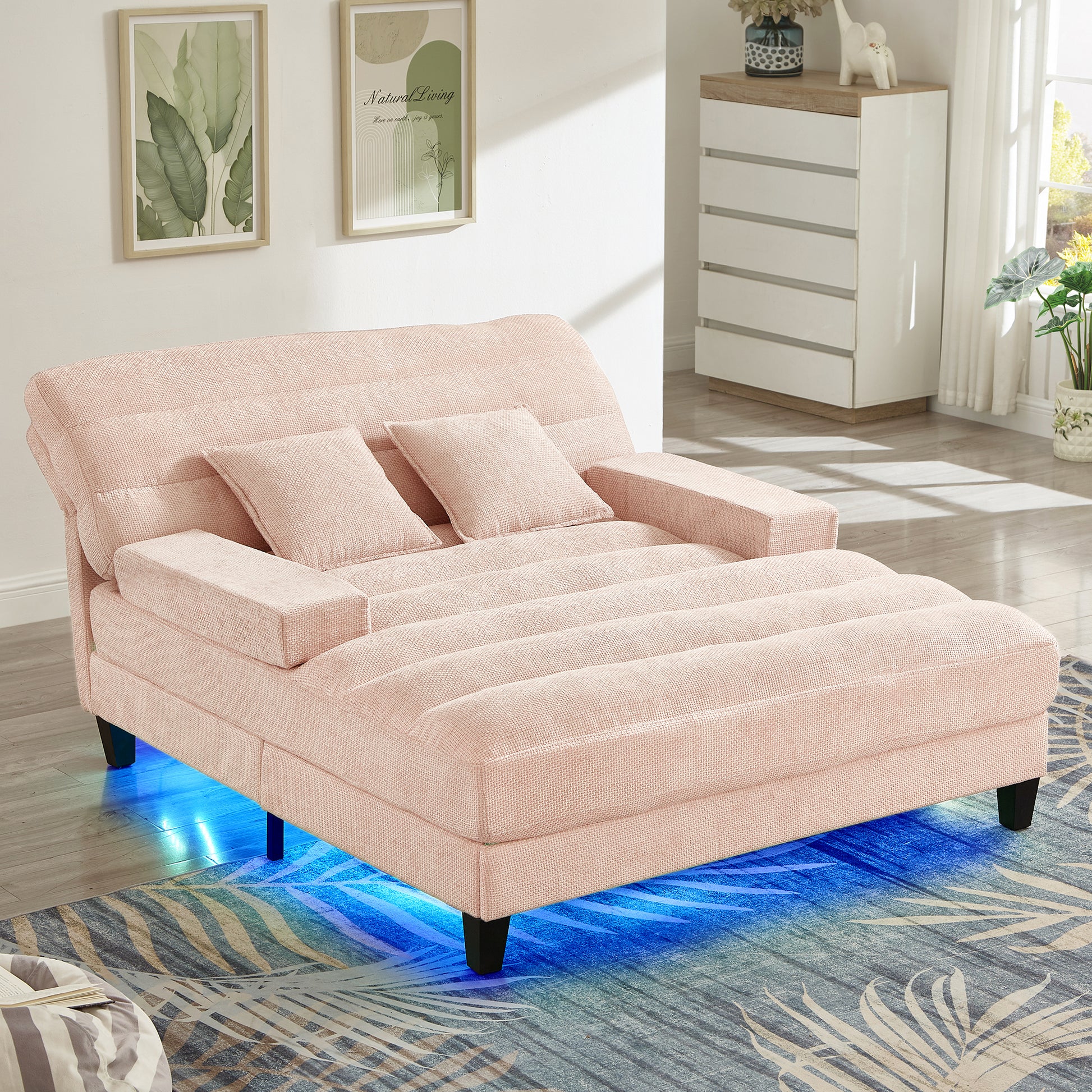 Modern Chaise Lounge Sofa 57.1' Sofa Bed with Adjustable Backrest & LED Light Strip - Pink - detail view 6