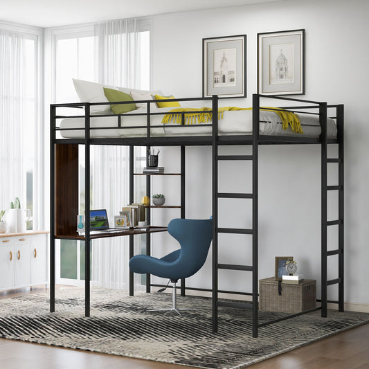 Full Size Metal Loft Bed with 2 Shelves and One Desk - Black - primary color shot