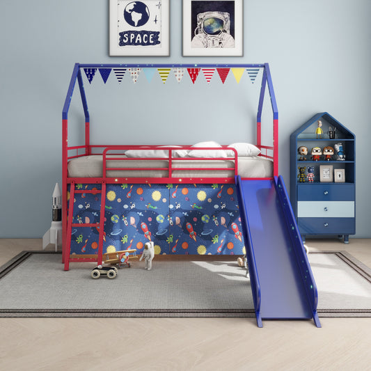 Jack Metal Junior House Twin Loft Bed with Slide and Curtain Set - Blue+red - detail view 2