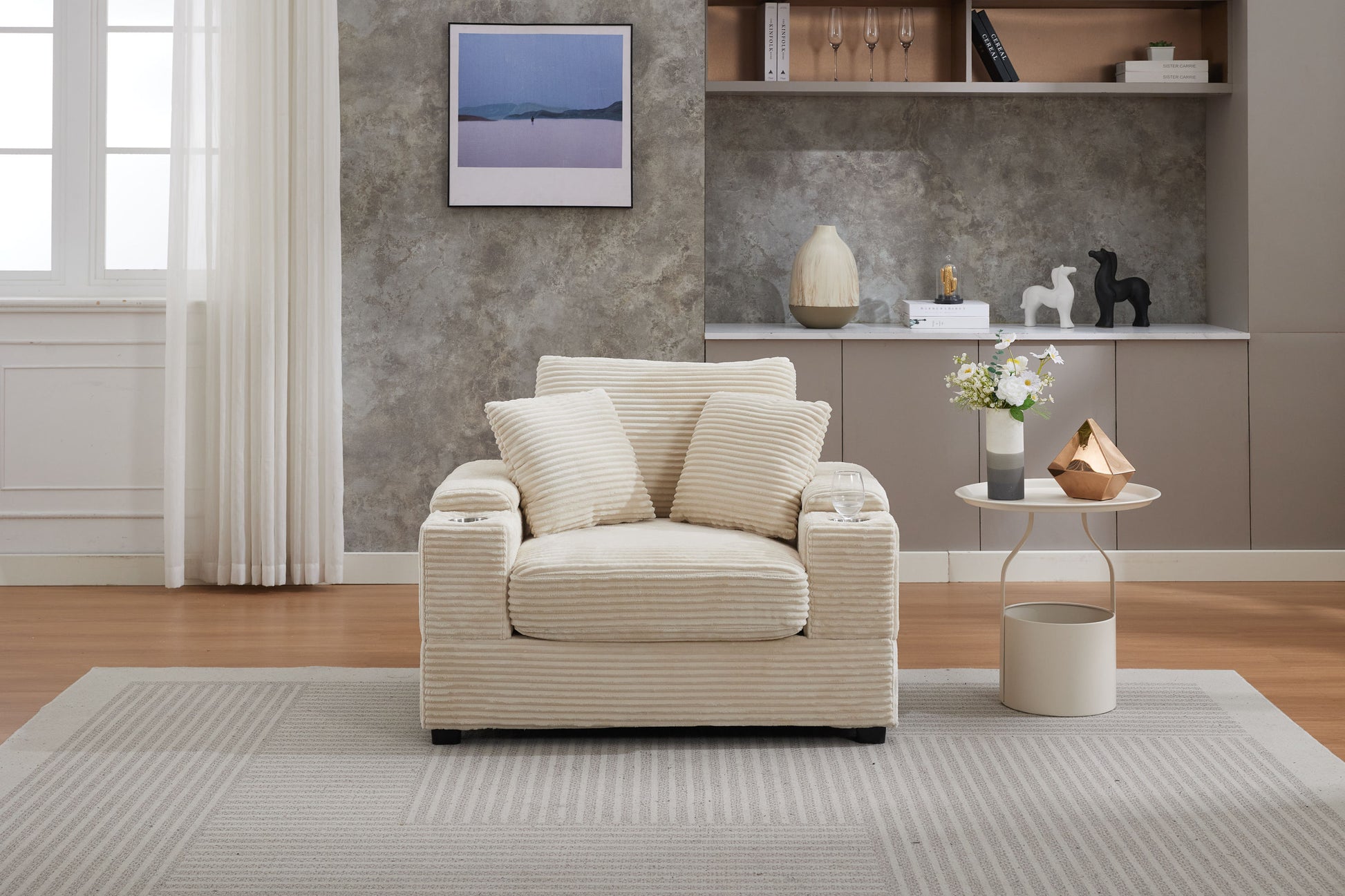 [video/new]corduroy Upholstered Chaise Lounge Sofa with Handrail Storage - Beige - detail view 5