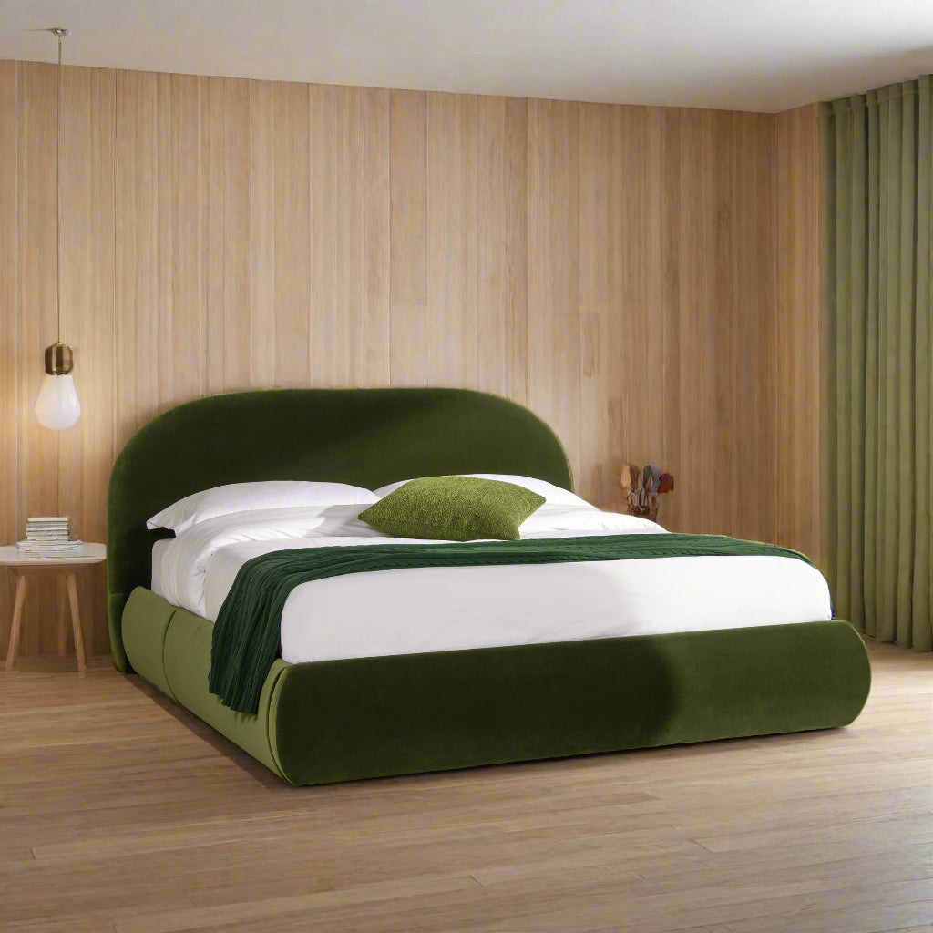 Aria Velvet Upholstered Grounded Platform Bed – Emerald Green