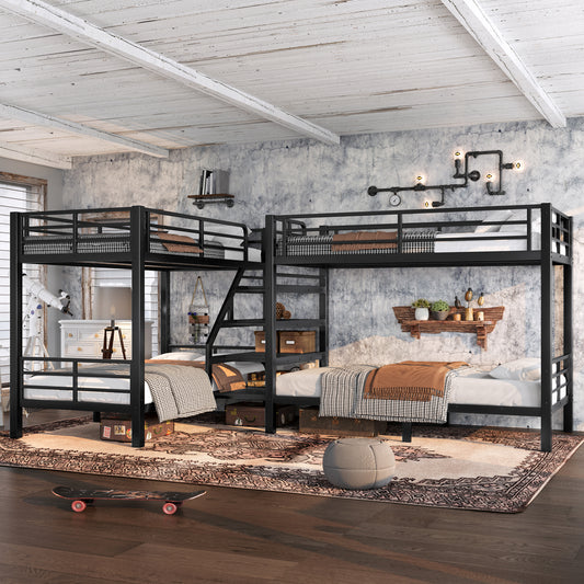 Twin L-Shaped Metal Bunk Bed with Storage Shelves and High-Quality Safety Guardrail - Black - detail view 2