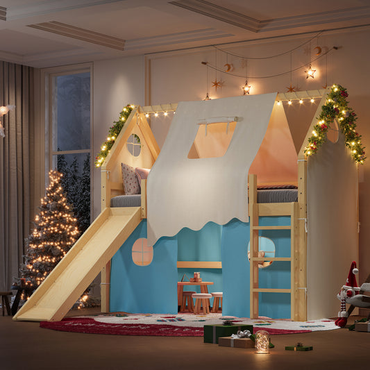 Twin Size House Loft Bed with Sills and Tents - Light Blue+natural - primary color shot