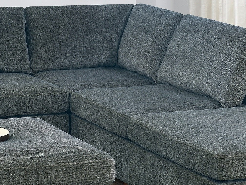 Living Room Furniture Grey Chenille Modular Sectional 6pc Set Corner L-Sectional Modern Couch 2x Corner Wedge 2x Armless Chairs and 2x Ottomans - detail view 4