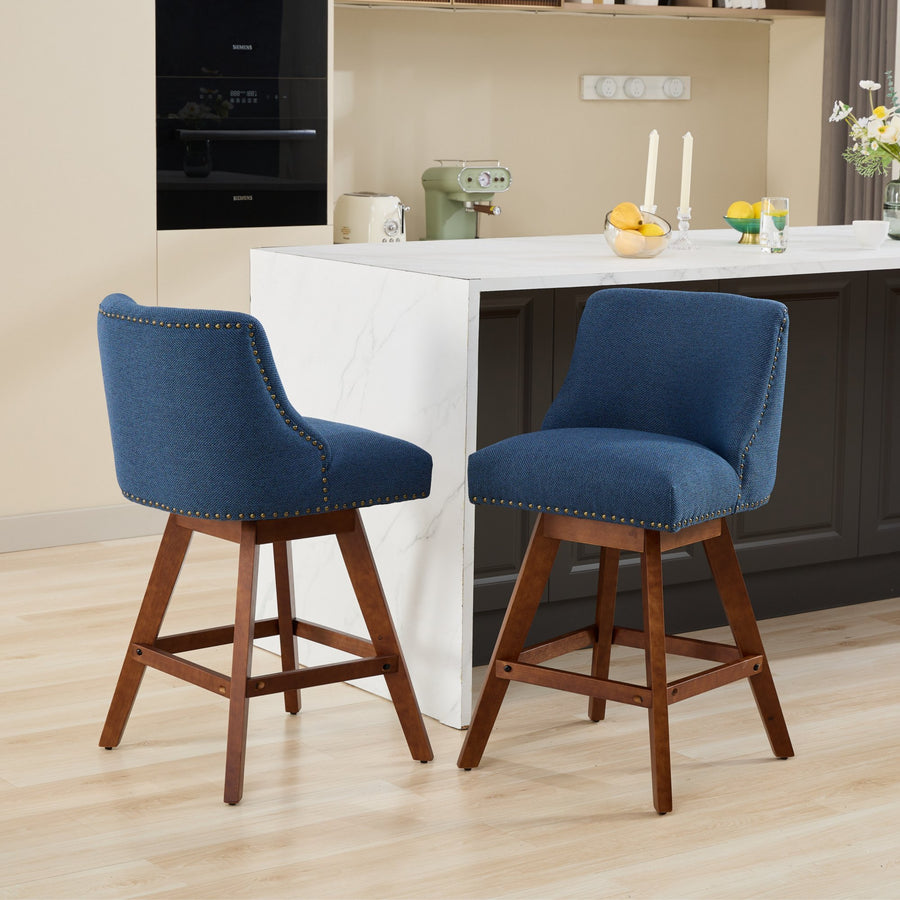 Blue Fabric Counter Height Stool with Wood Legs (Set of 2)