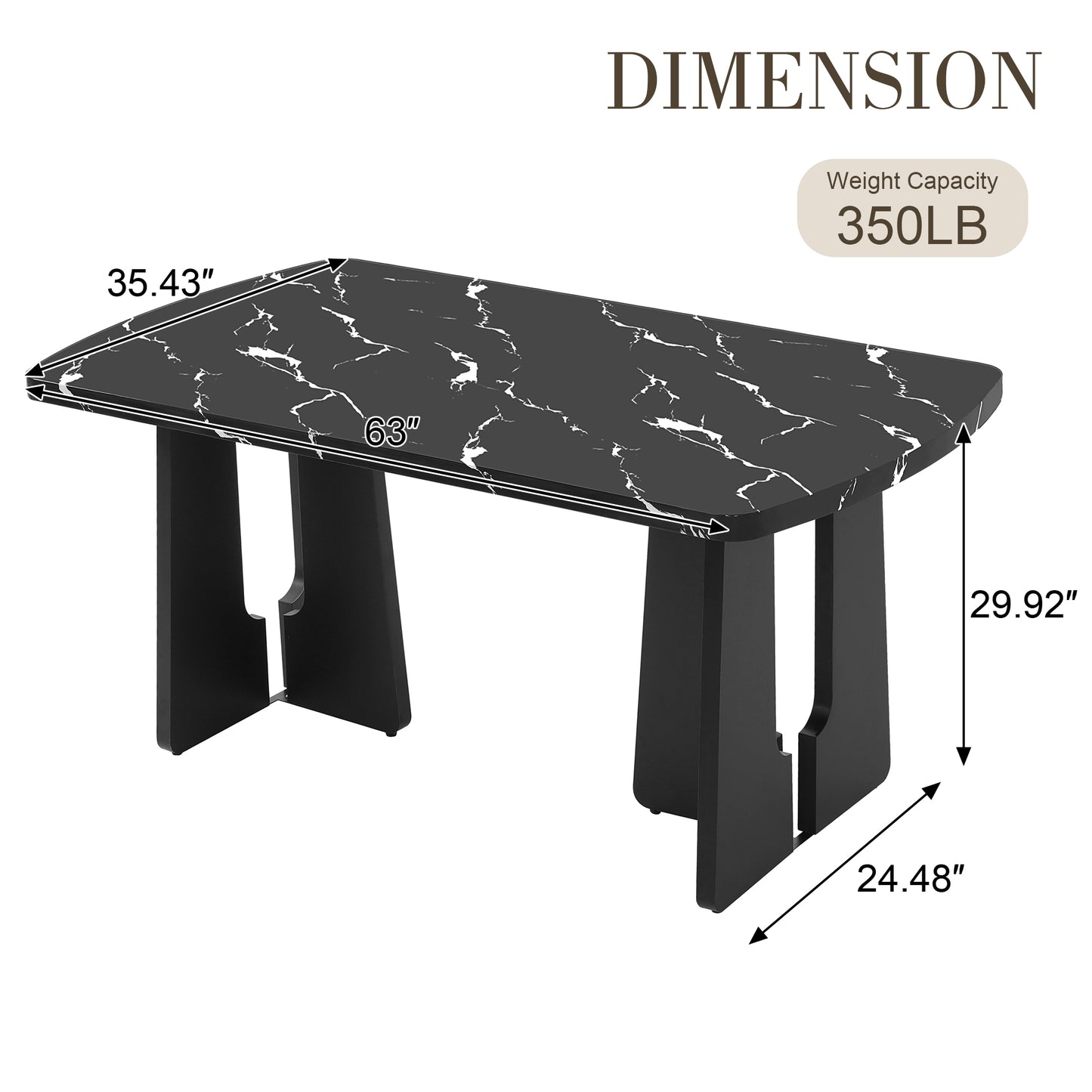 63' Modern Faux Marble Dining Table - Black/white Marble Top with Sturdy Geometric Legs, Stylish Kitchen & Dining Room Table for Dining - detail view 3