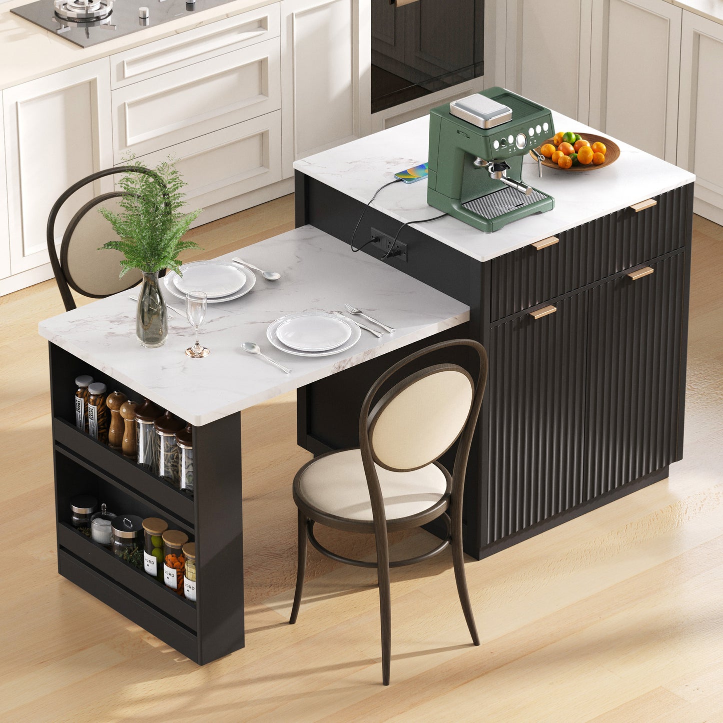 K&k 82.6' Fluted Kitchen Island with Extendable Dining Table for 4-6 - Black - detail view 4