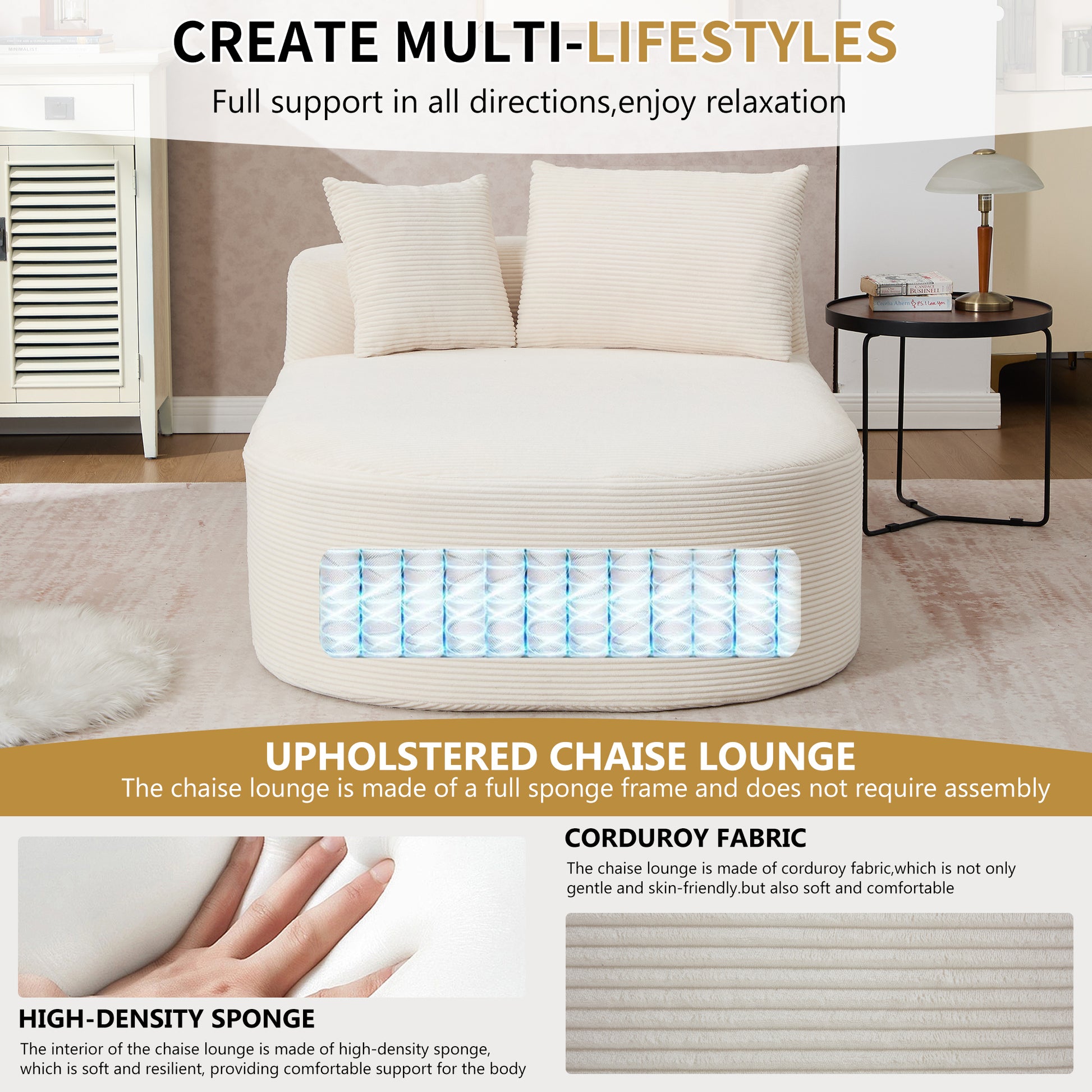 White Oversized Corduroy Chaise Lounge Sofa Bed with Deep Seat & Soft Pillows - Beige - detail view 7