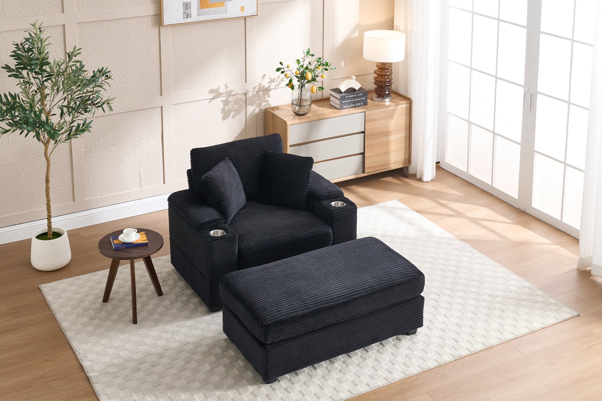 [video/new]corduroy Upholstered Chaise Lounge Sofa with Handrail Storage - Black - detail view 5