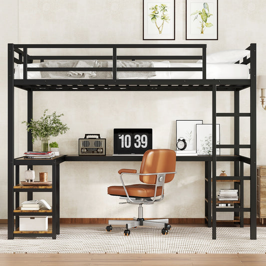 Twin XL Metal Loft Bed with Desk and Shelves - Black - detail view 2