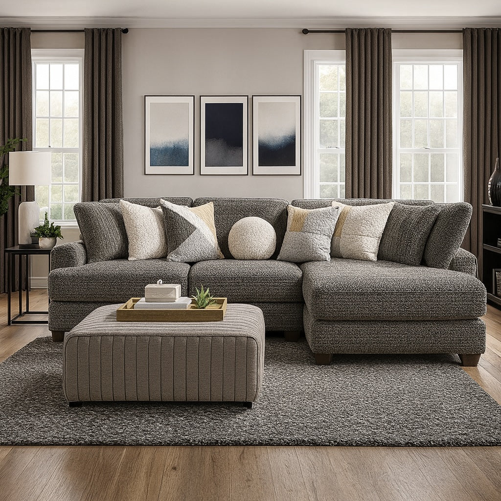 Elmhurst Charcoal Plush Fabric L-Shaped Sectional Sofa