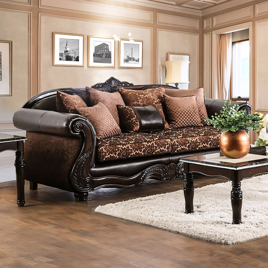 Elpis Traditional Victorian Print Bench Seat Sofa with Rolled Arms - Brown