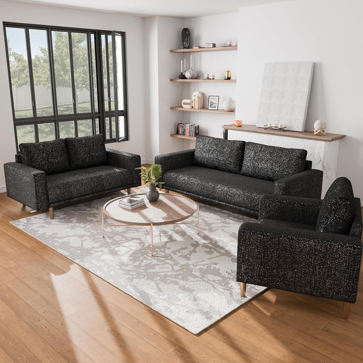 Elverum Modern Bouclé Upholstered Sofa with Wooden Peg Legs - Black