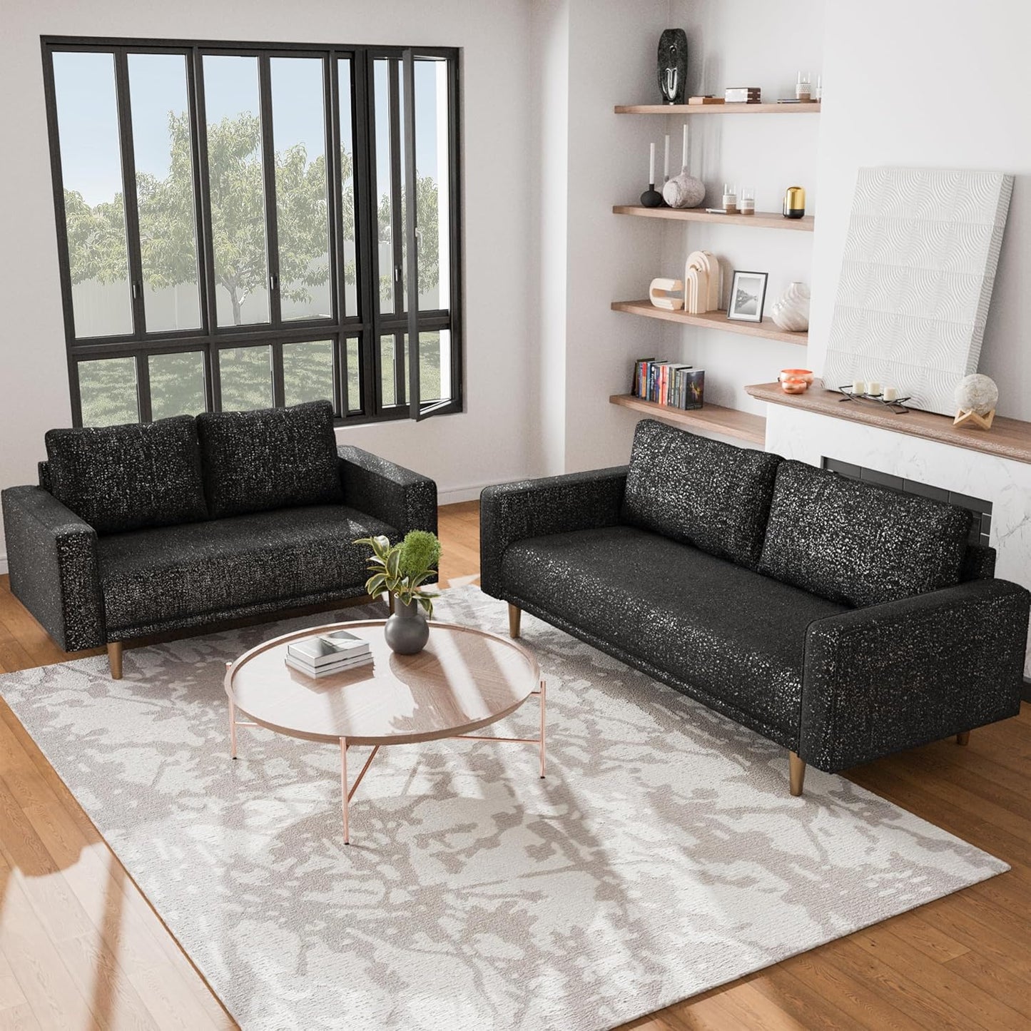 Elverum Modern Bouclé Upholstered Sofa with Wooden Peg Legs - Black