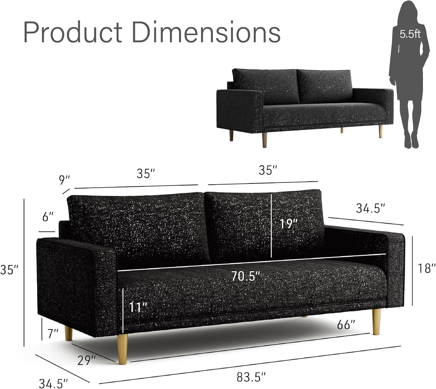 Elverum Modern Bouclé Upholstered Sofa with Wooden Peg Legs - Black