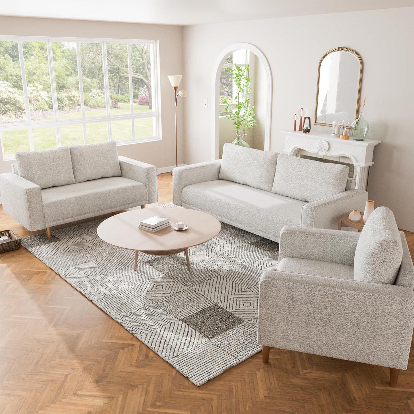 Elverum Modern Bouclé Sofa with Wooden Peg Legs - Off-White