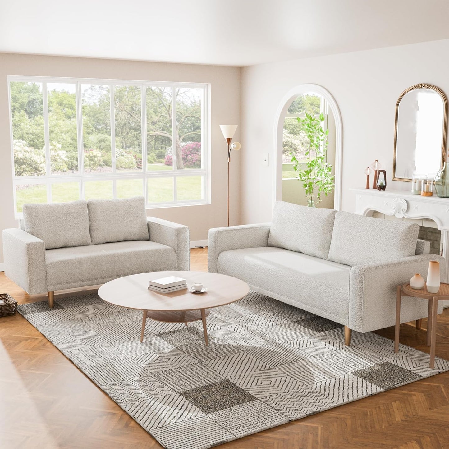 Elverum Modern Bouclé Sofa & Loveseat Set with Wooden Legs – Off-White