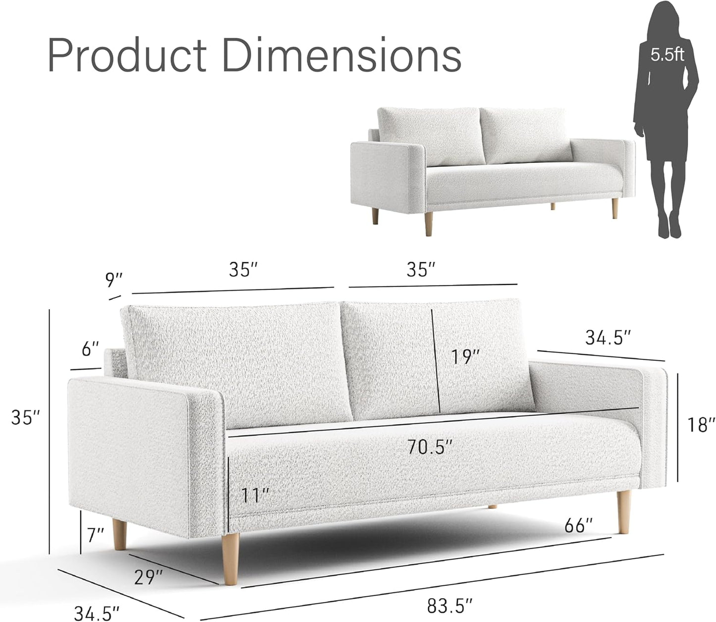 Elverum Modern Bouclé Sofa with Wooden Peg Legs - Off-White
