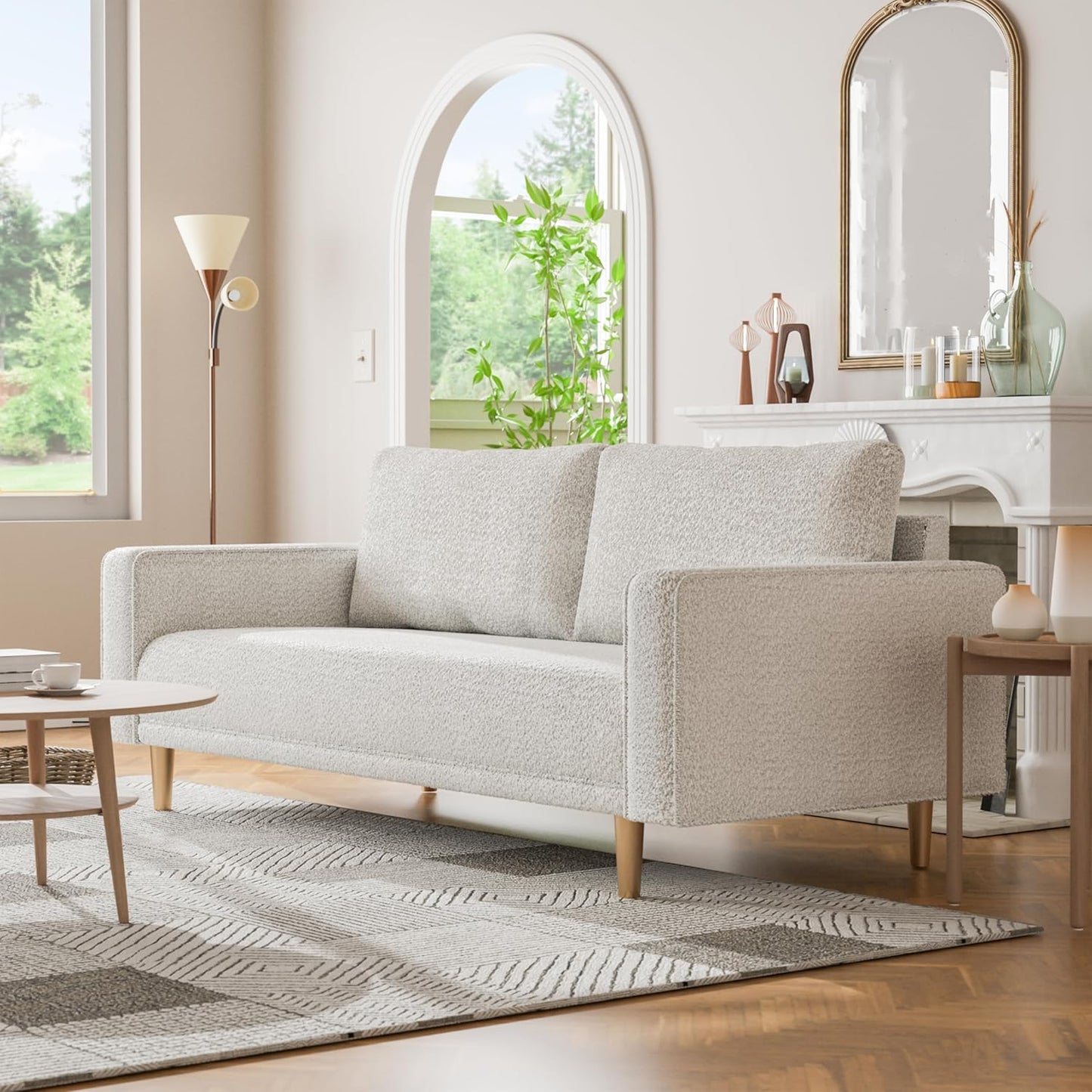 Elverum Modern Bouclé Sofa with Wooden Peg Legs - Off-White