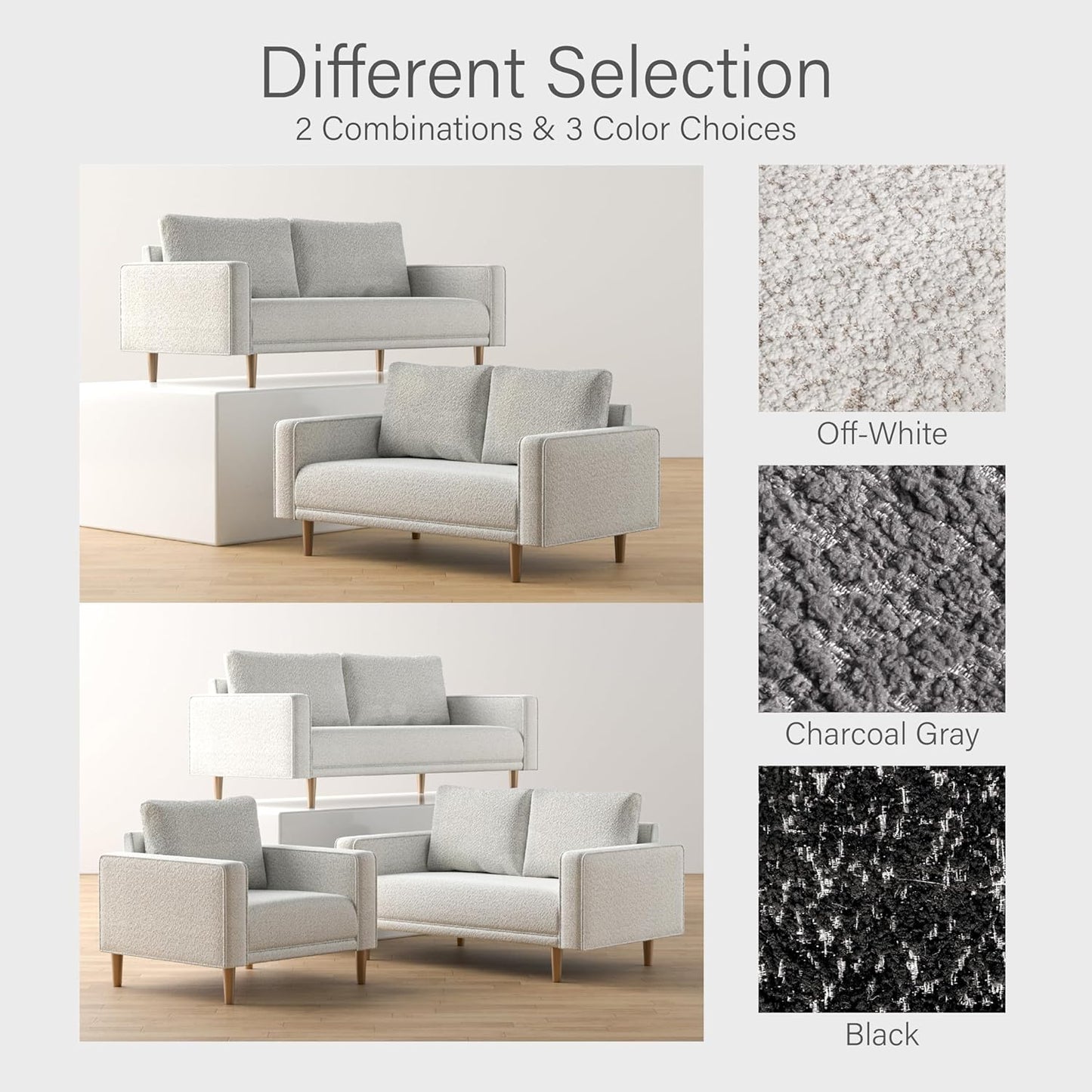 Elverum Modern Bouclé Sofa with Wooden Peg Legs - Off-White