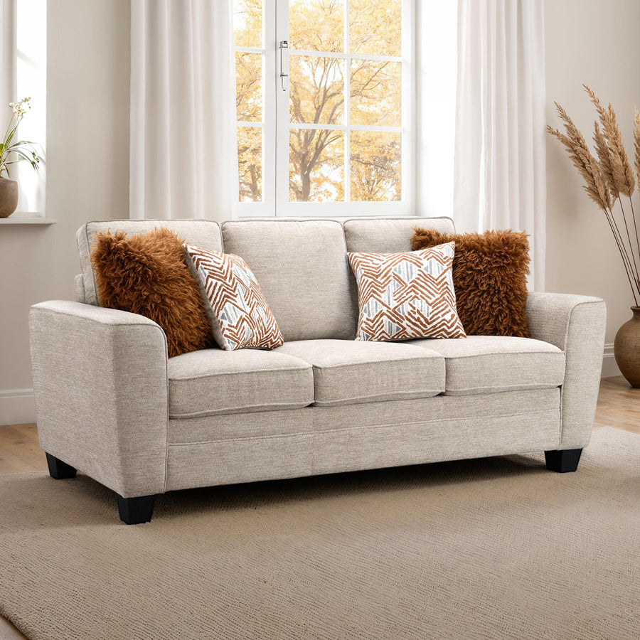 Enea Transitional Chenille Sofa – Taupe & Warm Walnut