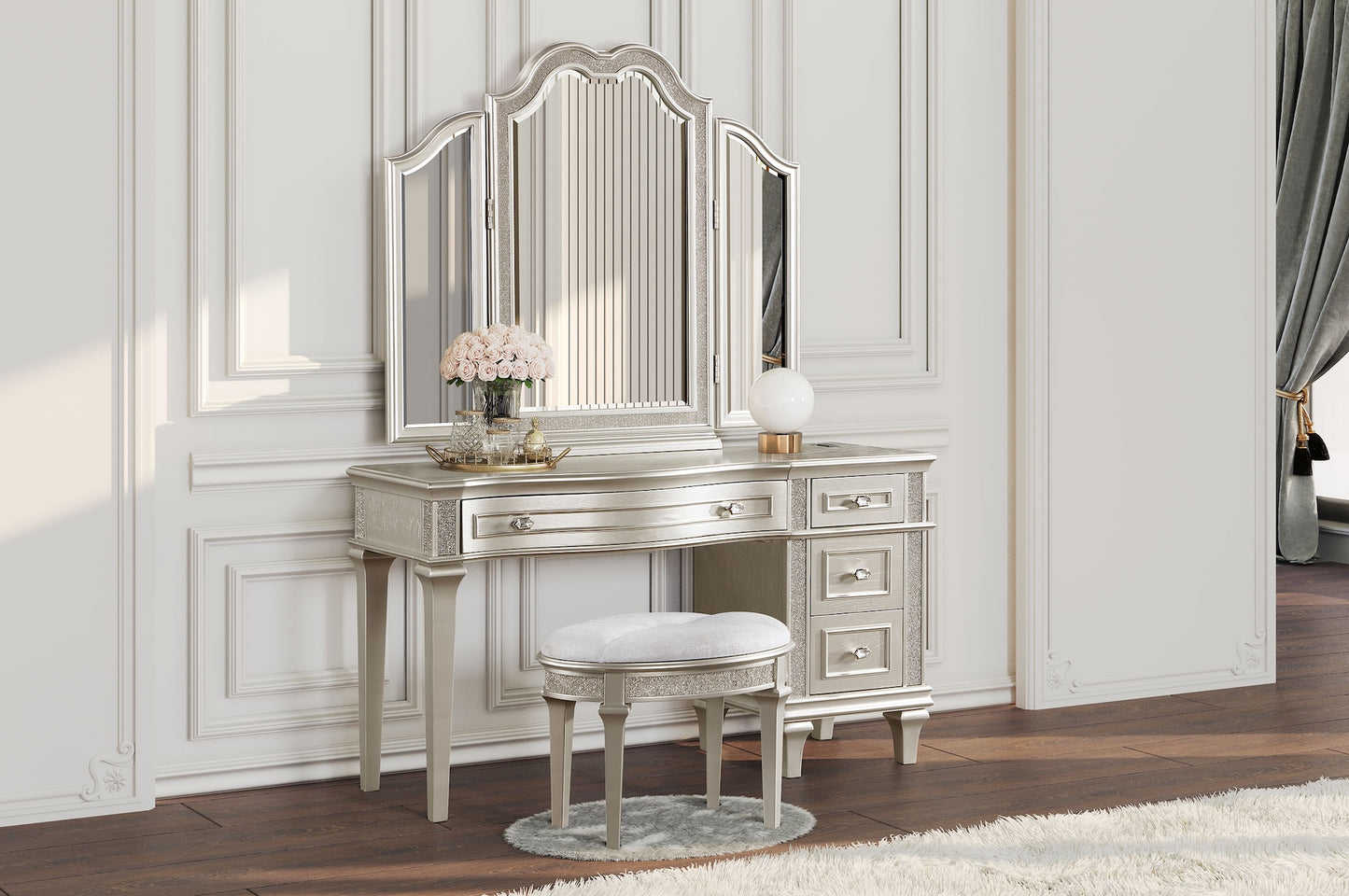 Evangeline 4-Drawer Vanity Table with Faux Diamond Trim - Silver & Ivory