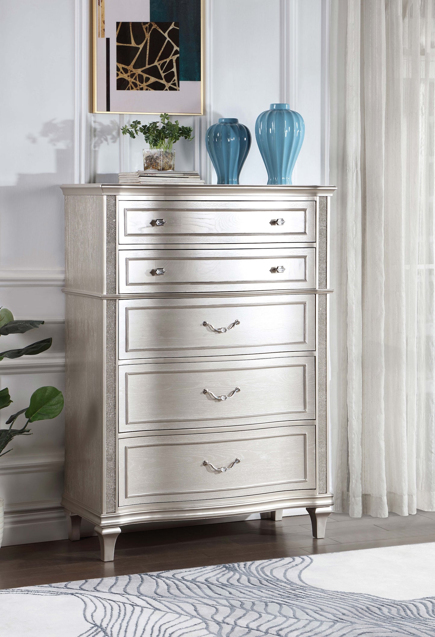 Evangeline 5 Drawer Glam Chest with Hidden Drawer in Silver Oak