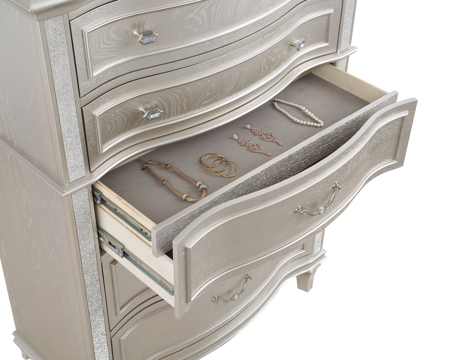 Evangeline 5 Drawer Glam Chest with Hidden Drawer in Silver Oak