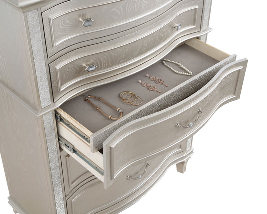 Evangeline 5 Drawer Glam Chest with Hidden Drawer in Silver Oak