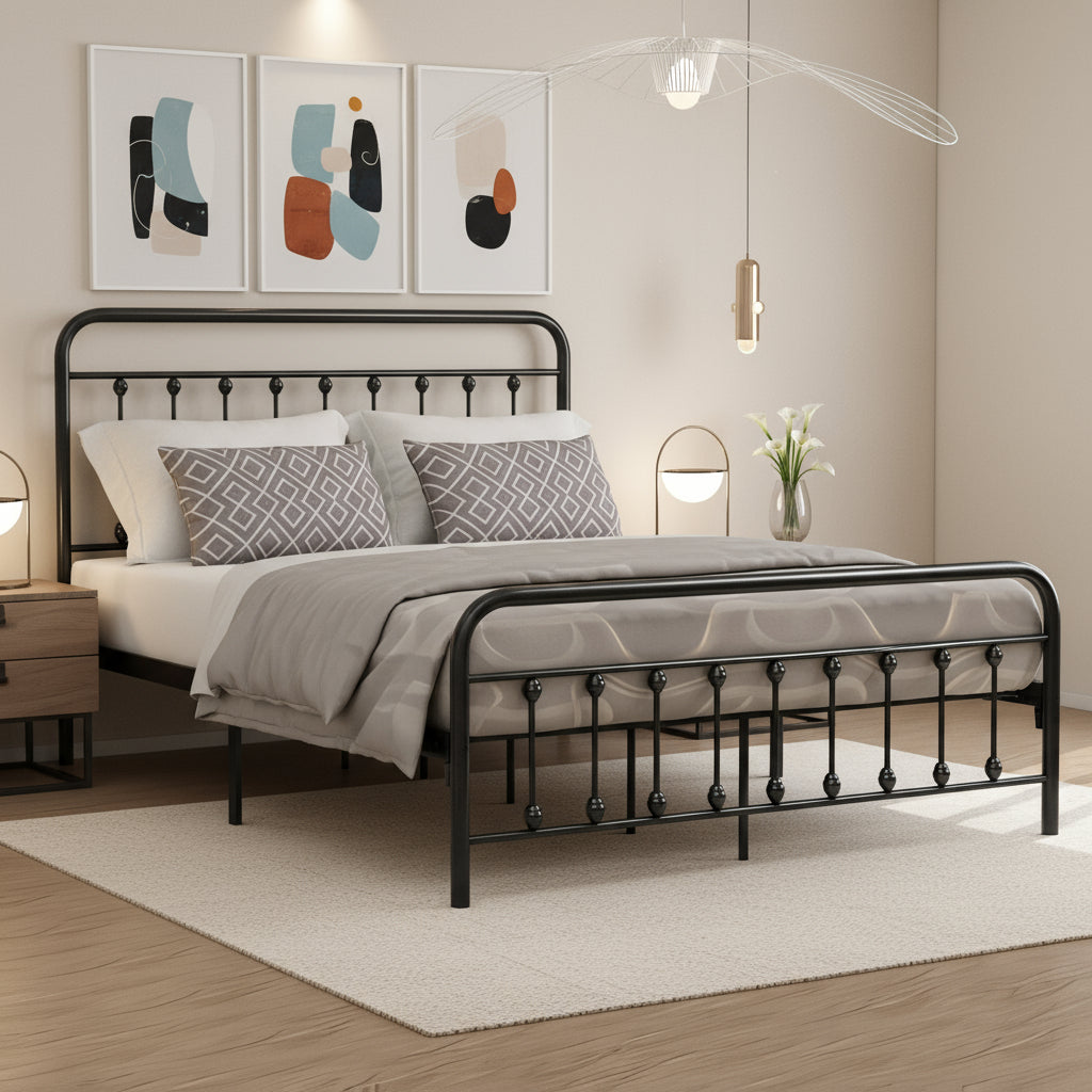 Bedroom with a metal bed frame, pillows, and decorative items on a map-themed wall.