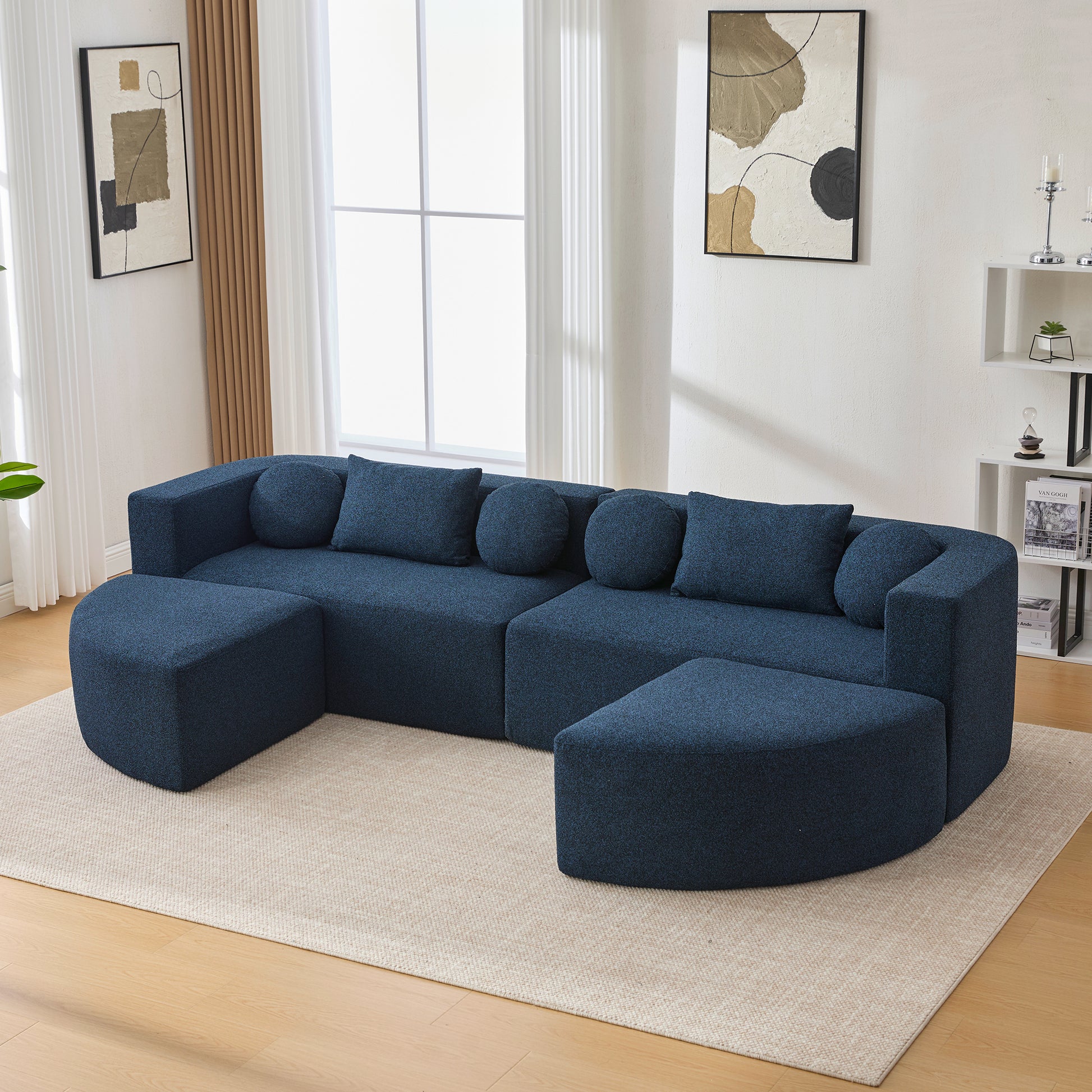 Boneless Couch Modular Sectional Sofa with Deep Seating and Curved Design in Blue Boucle, 114.9 Inches - detail view 2